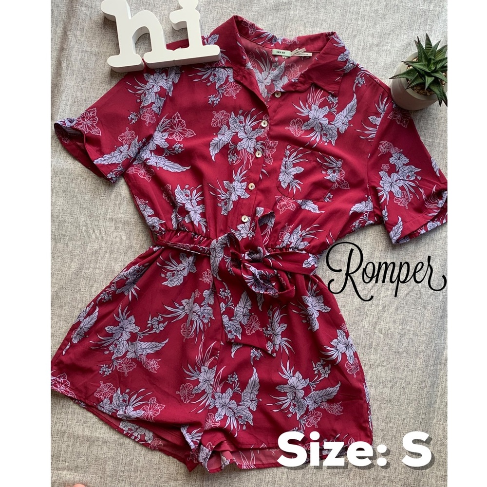 Romper with Lavender/Blue Floral Print on Berry